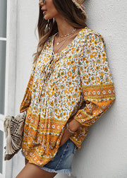 Elegant Yellow V Neck Lace Up Print Patchwork Cotton Top Long Sleeve