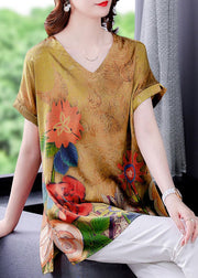 Elegant Black geometry V Neck Original Design Print Side Open Silk Top Short Sleeve