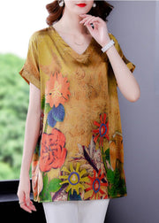 Elegant Yellow V Neck Original Design Print Side Open Silk Top Short Sleeve