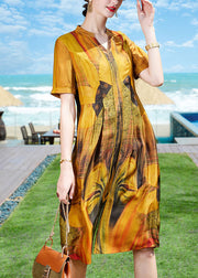 Elegant Yellow V Neck Print Draping Silk Holiday Dress Short Sleeve