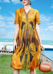 Elegant Yellow V Neck Print Draping Silk Holiday Dress Short Sleeve