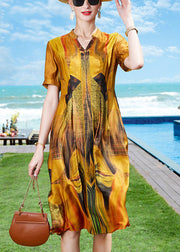 Elegant Yellow V Neck Print Draping Silk Holiday Dress Short Sleeve