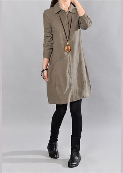 Elegant army green linen knee dress Loose fitting cotton shirt dresses vintage big pockets long sleeve cotton clothing dresses