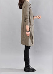 Elegant army green linen knee dress Loose fitting cotton shirt dresses vintage big pockets long sleeve cotton clothing dresses