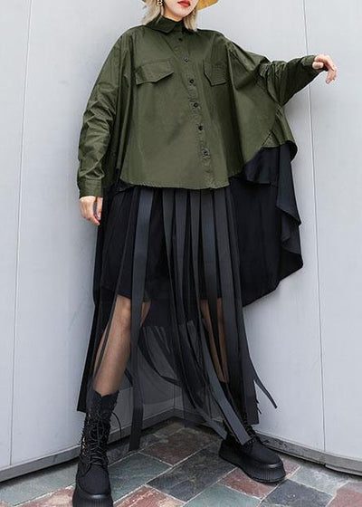 Elegant asymmetric lapel cotton Blouse Inspiration army green blouses - bagstylebliss