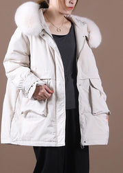 Elegant beige down coat winter Loose fitting fur collar zippered Fine overcoat - bagstylebliss