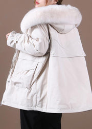 Elegant beige down coat winter Loose fitting fur collar zippered Fine overcoat - bagstylebliss