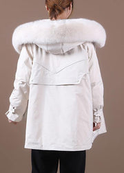 Elegant beige down coat winter Loose fitting fur collar zippered Fine overcoat - bagstylebliss