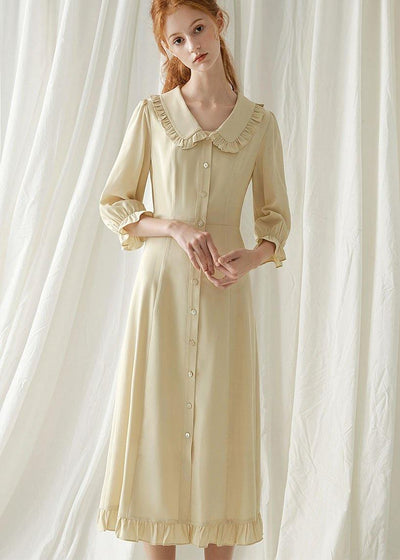 Elegant beige nude blended quilting dresses Peter pan Collar cotton fall Dresses - bagstylebliss
