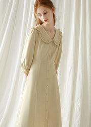 Elegant beige nude blended quilting dresses Peter pan Collar cotton fall Dresses - bagstylebliss