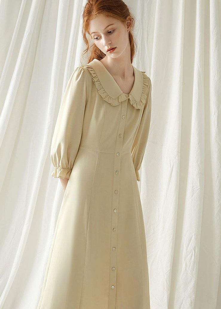 Elegant beige nude blended quilting dresses Peter pan Collar cotton fall Dresses - bagstylebliss