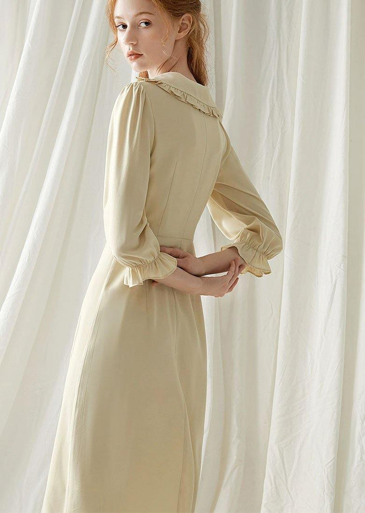 Elegant beige nude blended quilting dresses Peter pan Collar cotton fall Dresses - bagstylebliss