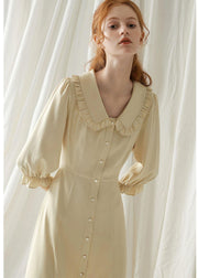 Elegant beige nude blended quilting dresses Peter pan Collar cotton fall Dresses - bagstylebliss