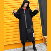 Elegant black Coats plus size hooded Coat Fashion zippered drawstring long jackets