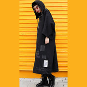 Elegant black Coats plus size hooded Coat Fashion zippered drawstring long jackets