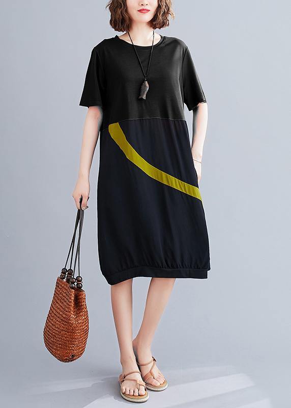 Elegant black Cotton Tunic o neck patchwork Dress - bagstylebliss