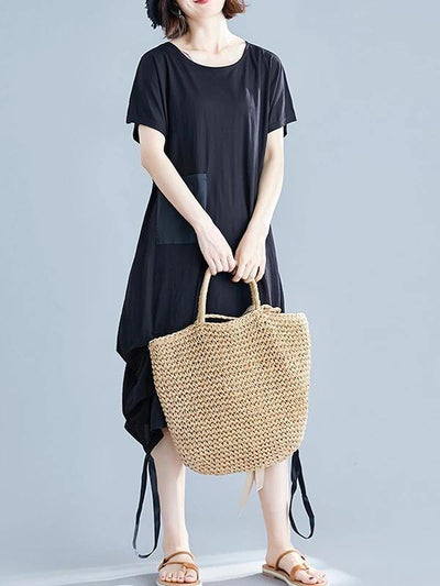 Elegant black Cotton clothes o neck asymmetric shift summer Dresses - bagstylebliss