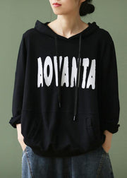 Elegant black Letter crane tops hooded drawstring cotton shirts - bagstylebliss