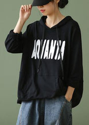 Elegant black Letter crane tops hooded drawstring cotton shirts - bagstylebliss