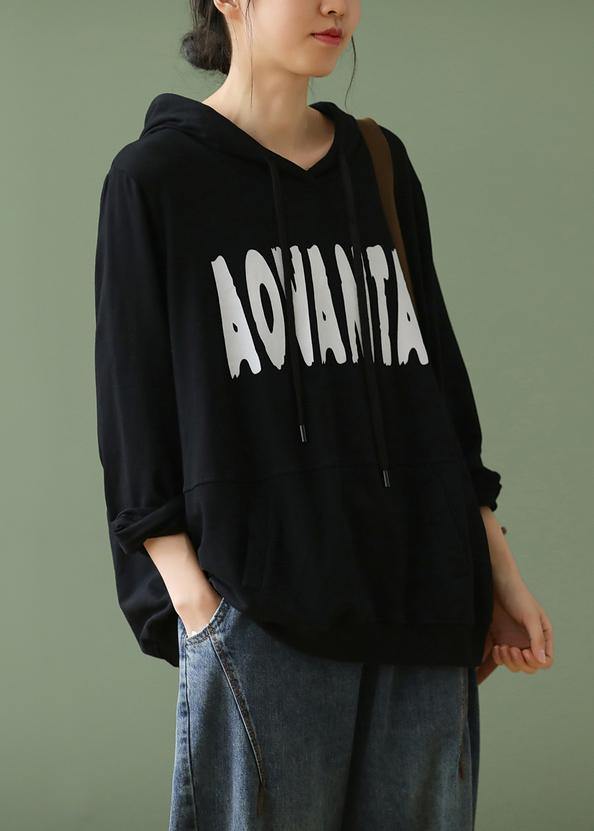 Elegant black Letter crane tops hooded drawstring cotton shirts - bagstylebliss