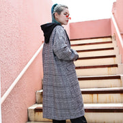 Elegant black Plaid maxi coat casual Notched long coat Fashion zippered baggy long coat