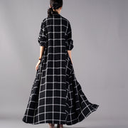 Elegant black Plaid maxi coat trendy plus size stand collar Winter boutique pockets coats