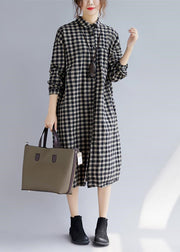 Elegant black Plaid natural cotton shirt dress trendy plus size Turn-down Collar pockets traveling clothing casual long sleeve baggy shirt dresses