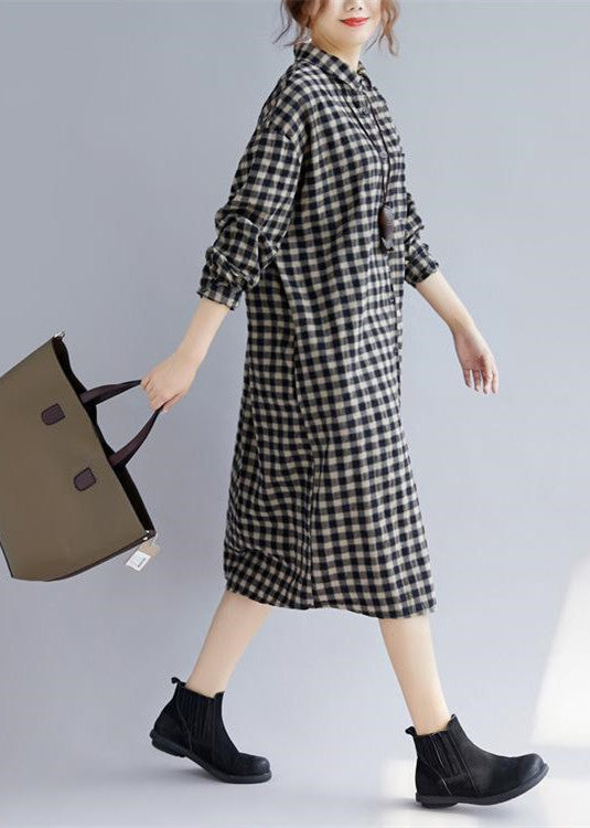 Elegant black Plaid natural cotton shirt dress trendy plus size Turn-down Collar pockets traveling clothing casual long sleeve baggy shirt dresses