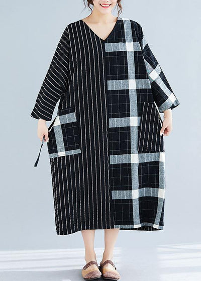 Elegant black Plaid striped v neck patchwork Large pockets cotton spring Dress - bagstylebliss