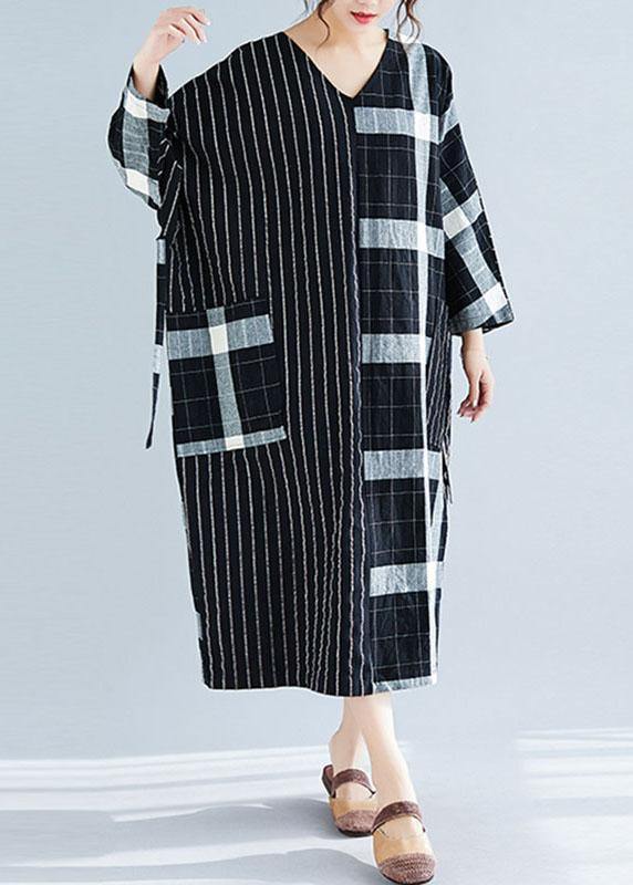 Elegant black Plaid striped v neck patchwork Large pockets cotton spring Dress - bagstylebliss