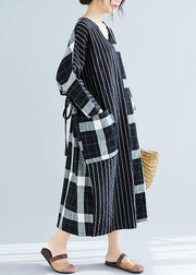 Elegant black Plaid striped v neck patchwork Large pockets cotton spring Dress - bagstylebliss