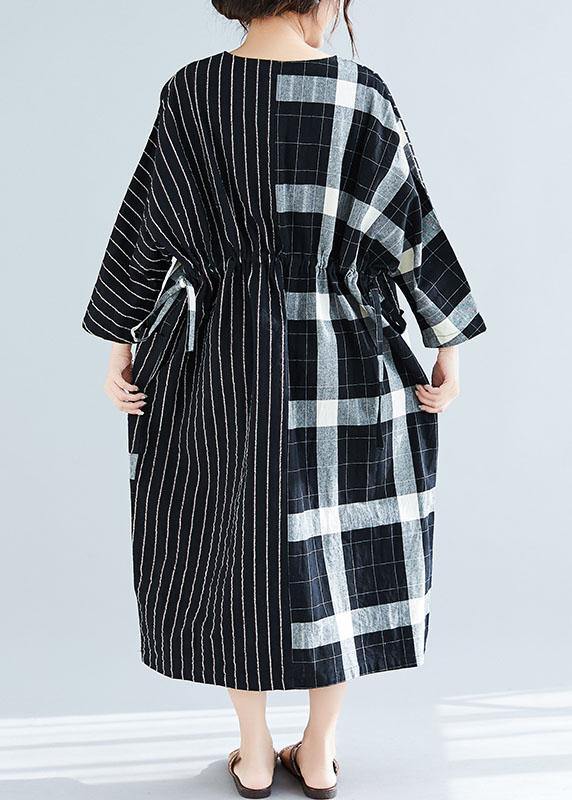 Elegant black Plaid striped v neck patchwork Large pockets cotton spring Dress - bagstylebliss