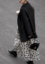 Elegant black Woolen Coat Women trendy plus size coats Notched back side open coat - bagstylebliss