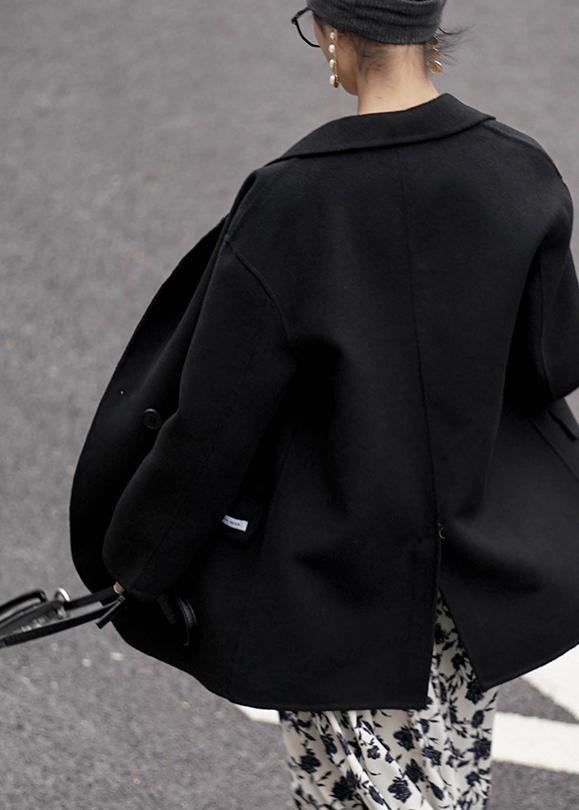 Elegant black Woolen Coat Women trendy plus size coats Notched back side open coat - bagstylebliss