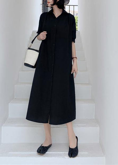 Elegant black back open cotton tunics for women lapel collar Art summer Dress - bagstylebliss