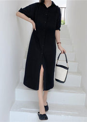 Elegant black back open cotton tunics for women lapel collar Art summer Dress - bagstylebliss