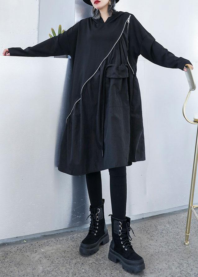 Elegant black cotton Wardrobes zippered long fall Dress - bagstylebliss