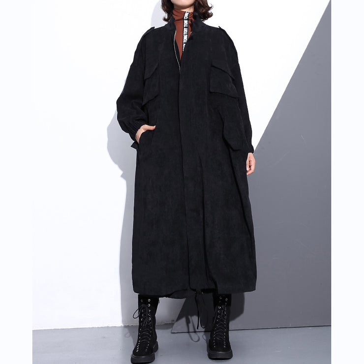 Elegant black cotton blended Coat Loose fitting Stand zippered Winter coat boutique long sleeve pockets baggy maxi coat