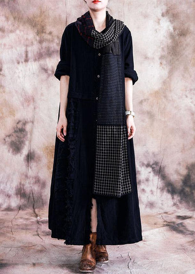 Elegant black cotton overcoat oversize trench coats fall linen outwear patchwork - bagstylebliss