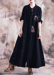 Elegant black cotton overcoat oversize trench coats fall linen outwear patchwork - bagstylebliss