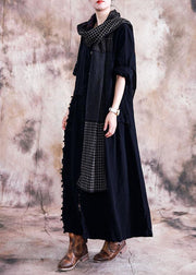 Elegant black cotton overcoat oversize trench coats fall linen outwear patchwork - bagstylebliss