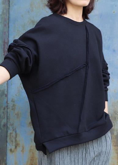 Elegant black cotton tops women o neck short patchwork Sweatshirt - bagstylebliss