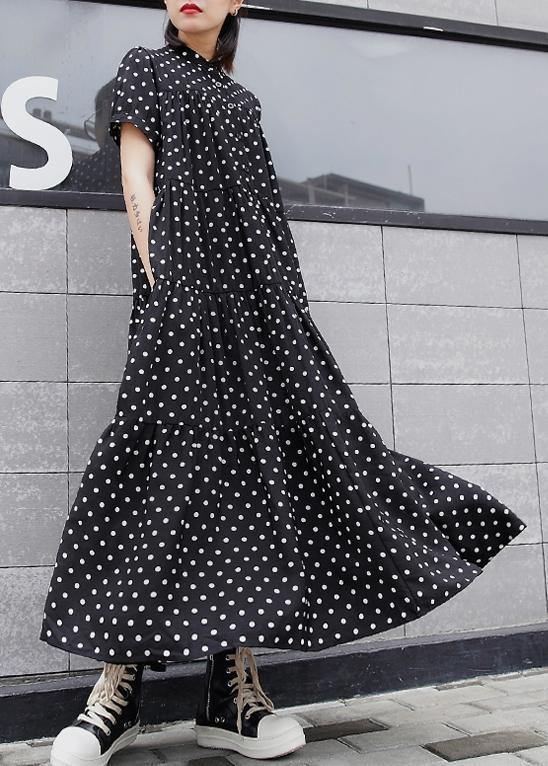Elegant black dotted cotton clothes For Women stand collar exra large hem Maxi summer Dresses - bagstylebliss