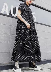 Elegant black dotted cotton clothes For Women stand collar exra large hem Maxi summer Dresses - bagstylebliss