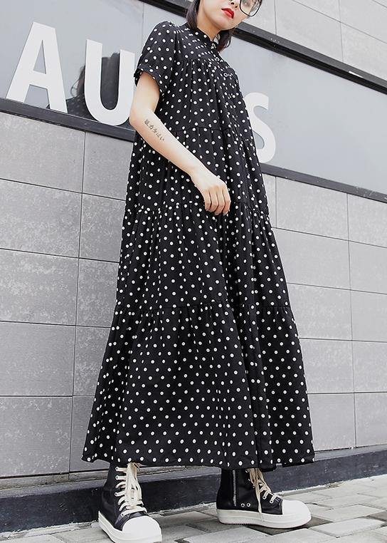 Elegant black dotted cotton clothes For Women stand collar exra large hem Maxi summer Dresses - bagstylebliss