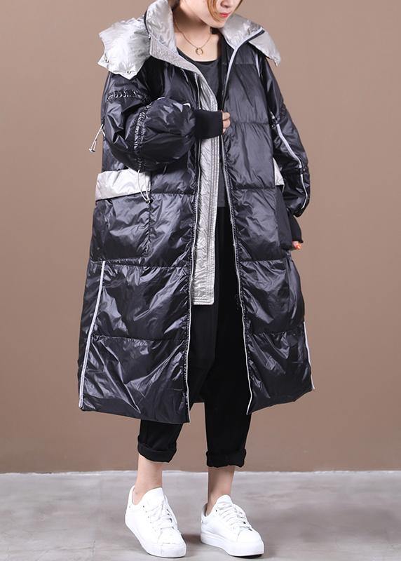Elegant black down jacket woman plus size hooded patchwork Luxury winter outwear - bagstylebliss