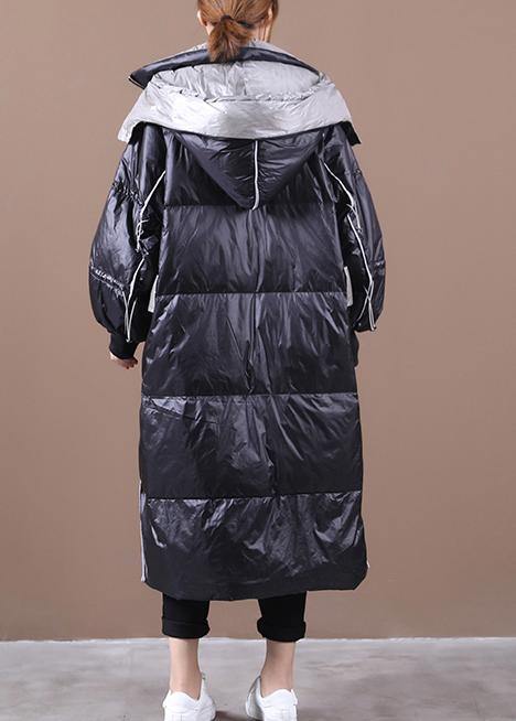 Elegant black down jacket woman plus size hooded patchwork Luxury winter outwear - bagstylebliss