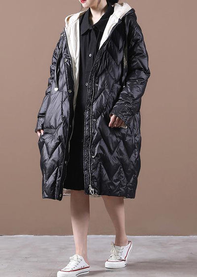 Elegant black duck down coat trendy plus size womens parka hooded zippered Warm overcoat - bagstylebliss