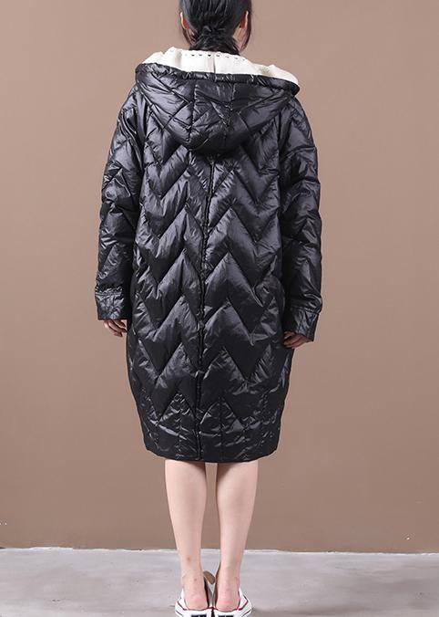 Elegant black duck down coat trendy plus size womens parka hooded zippered Warm overcoat - bagstylebliss