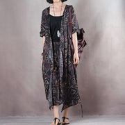 Elegant black natural linen dress plus size v neck floral linen clothing dress vintage half sleeve tie waist gown